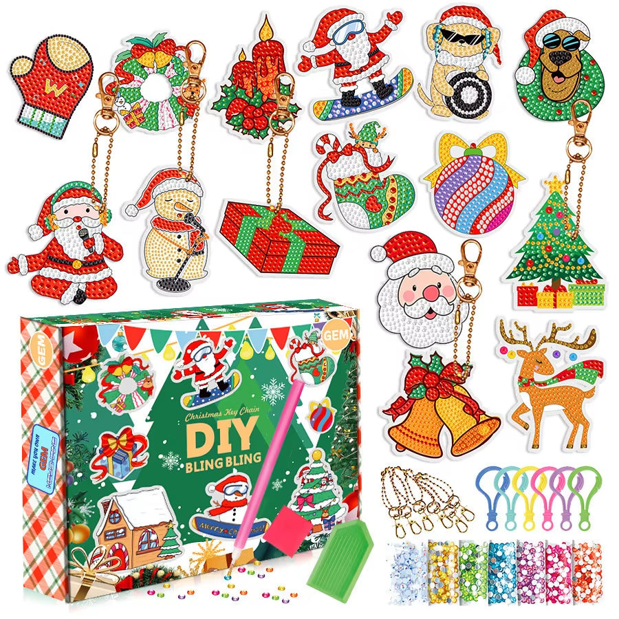 Christmas Diamond Painting Keychain 5D DIY Hanging Diamond Art Kits Diamond Ornaments for Kids Christmas Crafts Family Decor