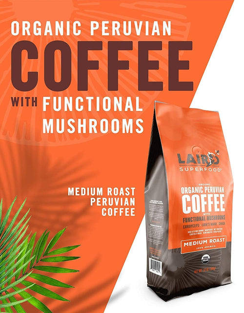 Load image into Gallery viewer, Peruvian Medium Roast Coffee with Functional Mushrooms, Certified Organic Peruvian Ground Coffee Beans, Gluten-Free, Dairy-Free, Non-Gmo, Paleo, Keto Friendly, 12 Oz. Bag
