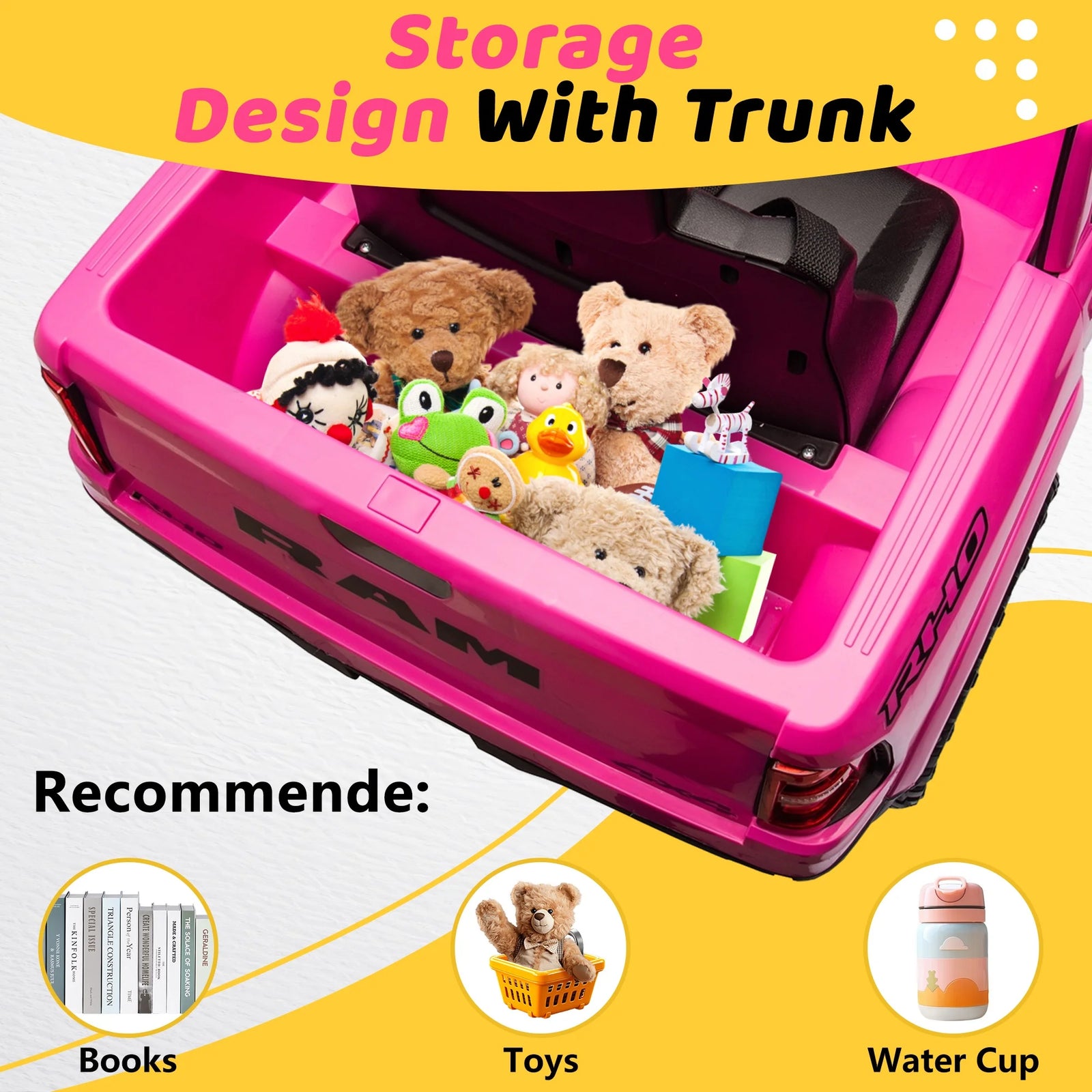 RAM Ride on Car, 12V Powered Ride on Toy with Remote Control, 4 Wheel Suspension, 5 Point Safety Belt, MP3 Player, Bluetooth, LED Lights, Electric Cars for 3-8 Years Boys Girls