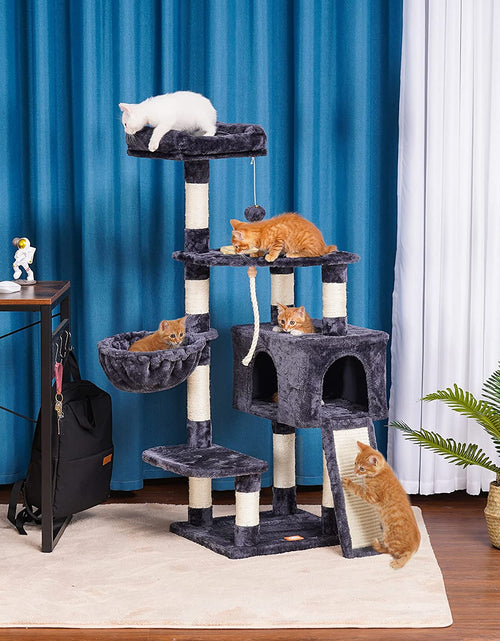 Load image into Gallery viewer, Cat Tree, Cat Tower for Indoor Cats with Scratching Board, Multi-Level Cat Furniture Condo with Feeding Bowl Smoky Gray HCT010G
